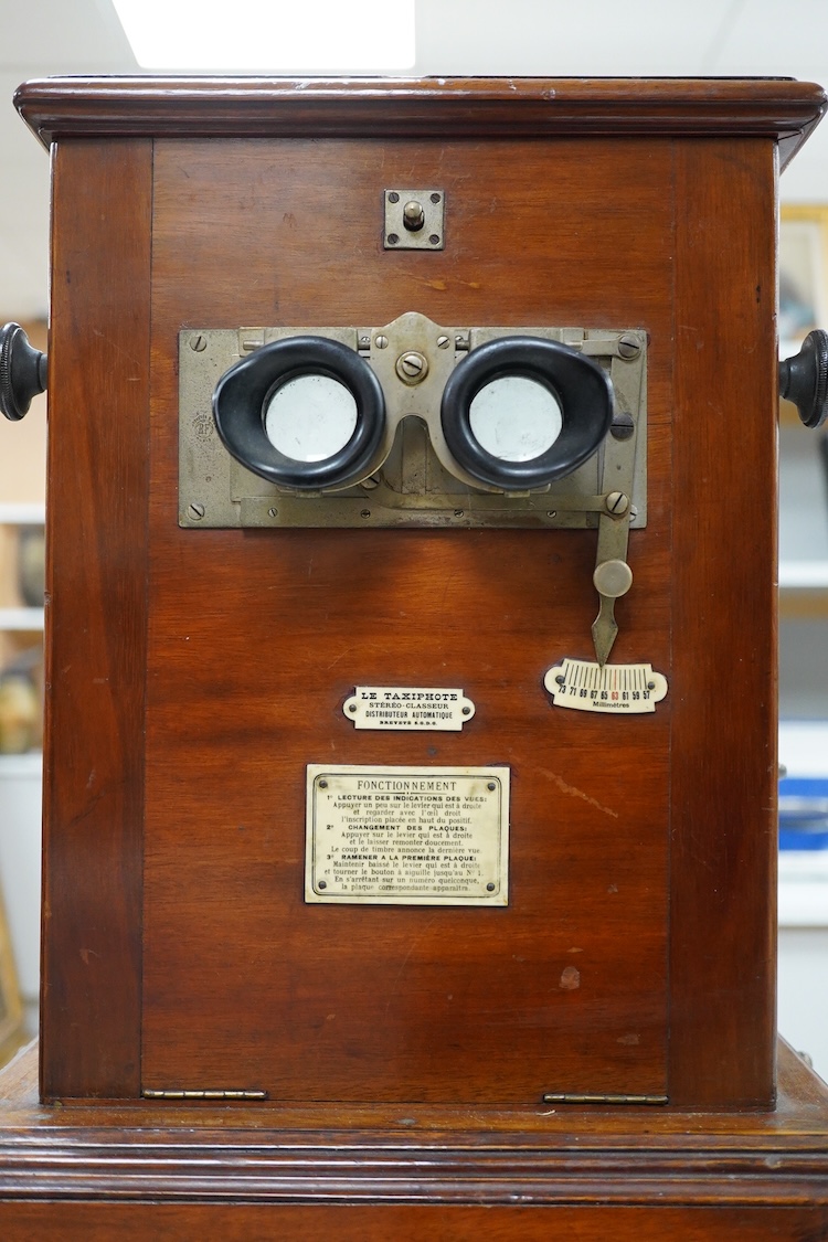 A late 19th century French mahogany Taxiphote stereoscopic table top viewer, 51cm high, 33cm wide